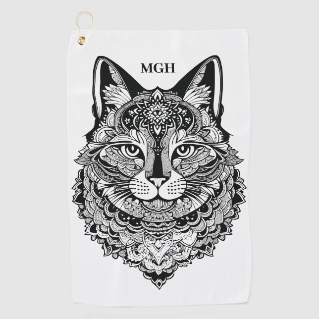 Custom Monogram Ornamental Cat Golf Towel (Front)