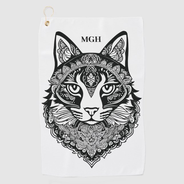 Custom Monogram Ornamental Cat Golf Towel (Front)