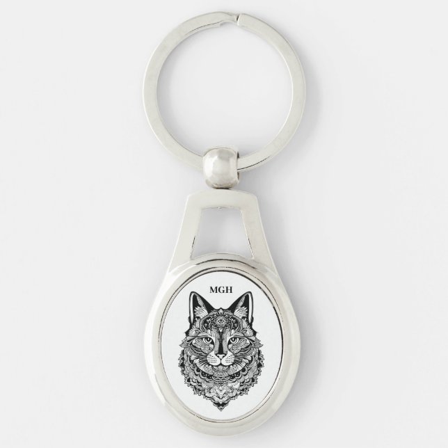 Custom Monogram Ornamental Cat Key Ring (Front)