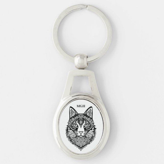 Custom Monogram Ornamental Cat Key Ring (Front)