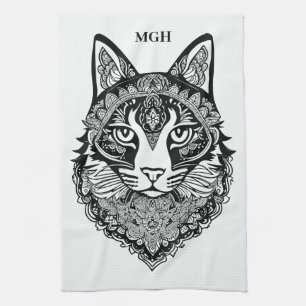 Custom Monogram Ornamental Cat Tea Towel