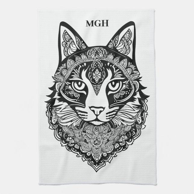 Custom Monogram Ornamental Cat Tea Towel (Vertical)