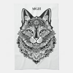 Custom Monogram Ornamental Cat Tea Towel