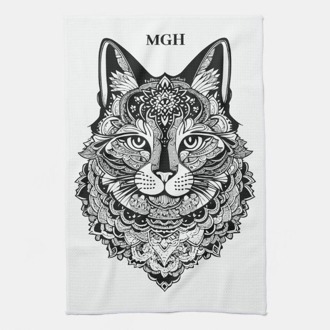 Custom Monogram Ornamental Cat Tea Towel (Vertical)