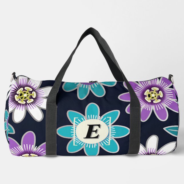 Custom Monogram Passion Flower Floral Large Duffle Bag (Front)