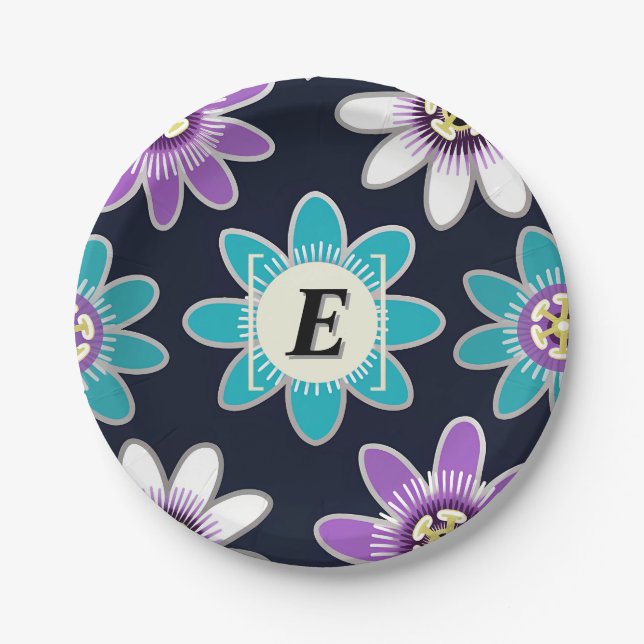Custom Monogram Passion Flower Floral Pattern  Paper Plate (Front)