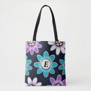 Custom Monogram Passion Flower Floral Shoulder Tote Bag