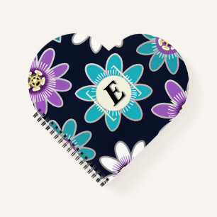 Custom Monogram Passion Flower Pattern Heart Shape Notebook