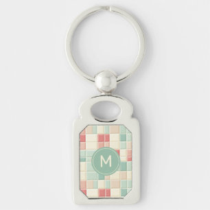 Custom Monogram Pastels Pattern Faux Ceramic Tiles Key Ring