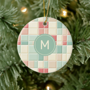 Custom Monogram Pastels Pattern Faux Ceramic Tiles Ornament