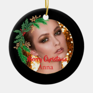 Custom Monogram Photo Black Gold Christmas Ceramic Ornament