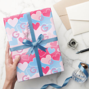 Custom Monogram Pink and Blue Heart Modern Elegant Wrapping Paper
