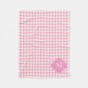 Custom Monogram Pink and White Houndstooth Pattern Fleece Blanket