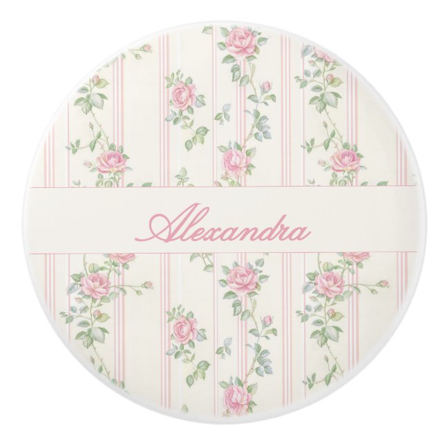 Custom Monogram Pink Coquette Roses Ceramic Knob (Front)