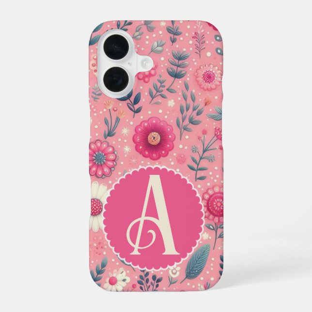 Custom Monogram Pink Enchanted Blooms iPhone 16 Case (Back)