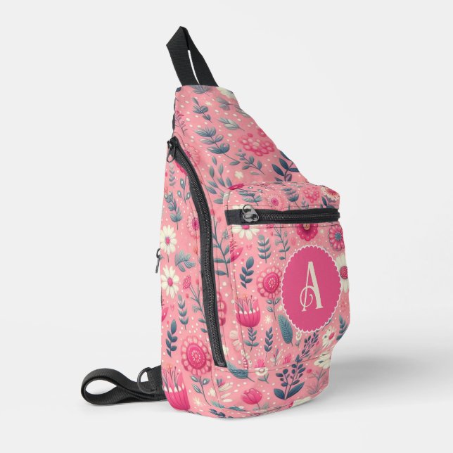 Custom Monogram Pink Enchanted Blooms Sling Bag (Left Corner)