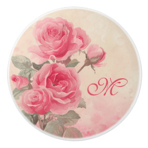 Custom Monogram Pink Floral Ceramic Knob