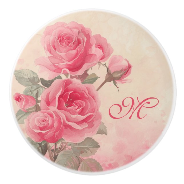 Custom Monogram Pink Floral Ceramic Knob (Front)