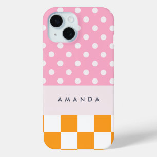 Custom Monogram Pink Orange Polka Dot Check iPhone 15 Case