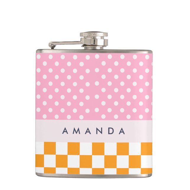 Custom Monogram Pink Orange Polka Dot Check Hip Flask (Front)