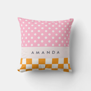Custom Monogram Pink Orange Polka Dot Check Throw Cushion