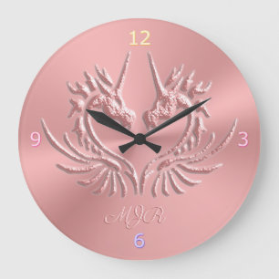 Custom Monogram, Pink, Scaly Dragon Heart Large Clock