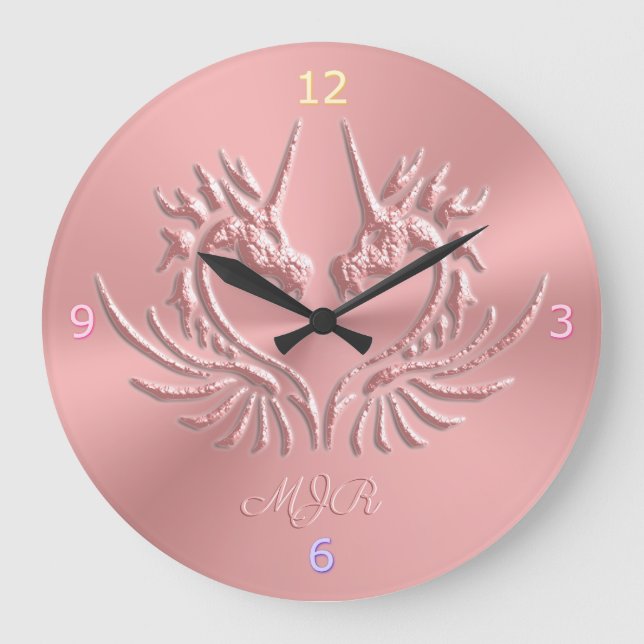 Custom Monogram, Pink, Scaly Dragon Heart Large Clock (Front)