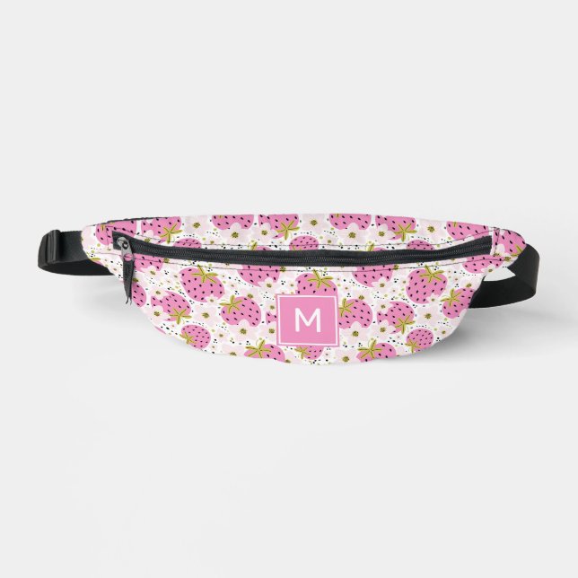 Custom Monogram Pink Strawberries Pattern Bum Bags (Front)