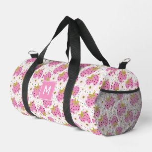 Custom Monogram Pink Strawberries Pattern Duffle Bag