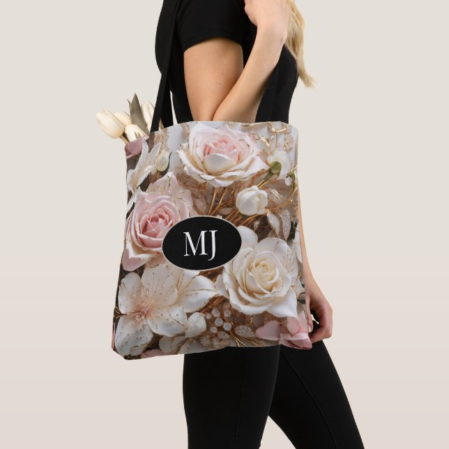 Custom Monogram Pink White Rose Floral Tote Bag (Close Up)