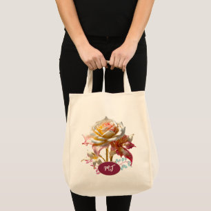Custom Monogram Pink White Rose Grocery Tote Bag