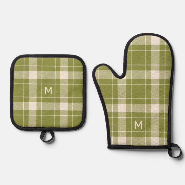 Custom Monogram Plaid Pattern Oven Mitt & Pot Holder Set (Front)