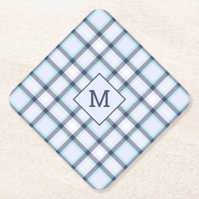 Custom Monogram Plaid / Tartan Pattern Paper Coaster (Front)