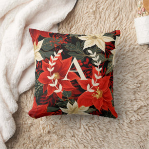 Custom Monogram Poinsettia Christmas Floral Cushion