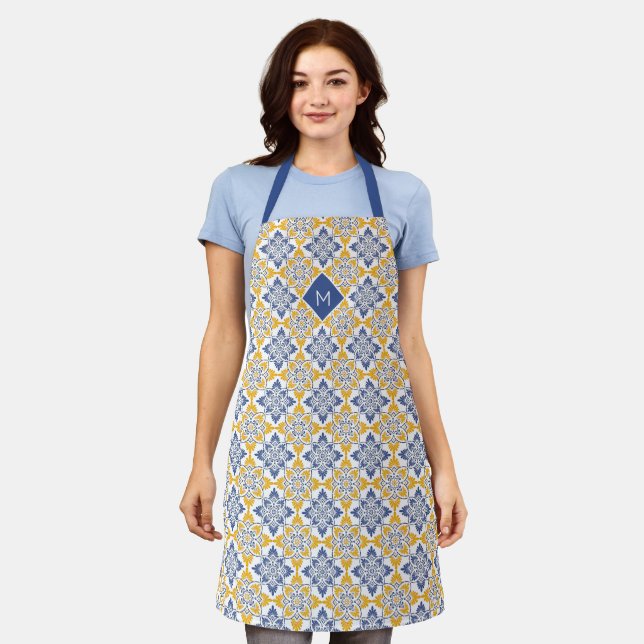 Custom Monogram Portugese Tiles Pattern Apron (Worn)