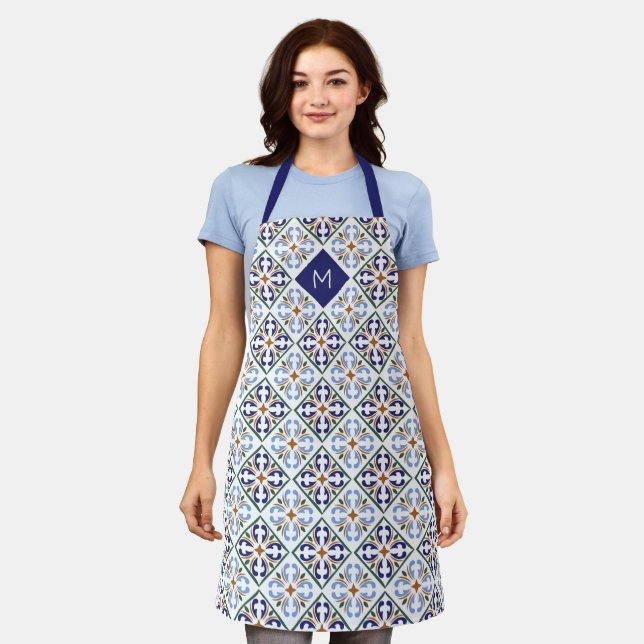 Custom Monogram Portugese Tiles Pattern Apron (Worn)