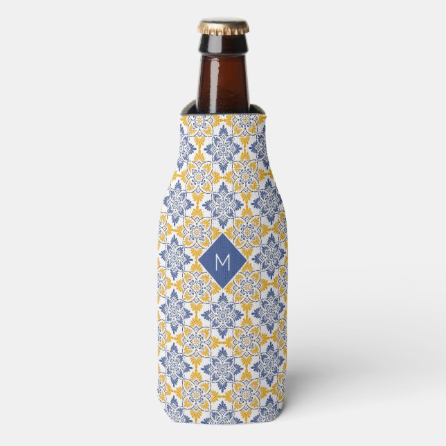 Custom Monogram Portugese Tiles Pattern Bottle Cooler (Bottle Front)