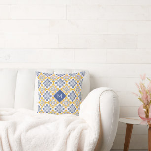 Custom Monogram Portugese Tiles Pattern Cushion