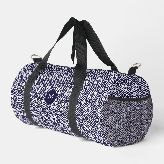Custom Monogram Portugese Tiles Pattern Duffle Bag (Right Corner)