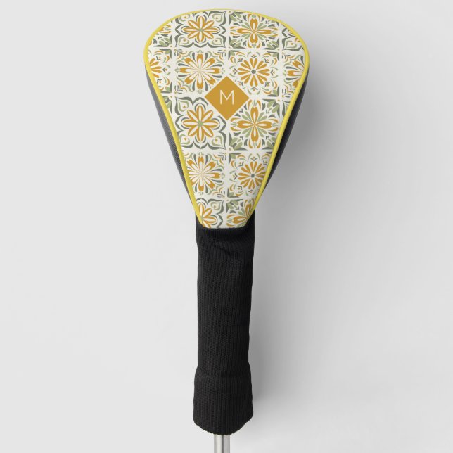 Custom Monogram Portugese Tiles Pattern Golf Head Cover (Front)