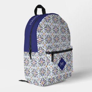 Custom Monogram Portugese Tiles Pattern Printed Backpack