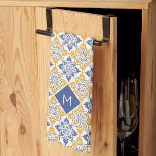 Custom Monogram Portugese Tiles Pattern Tea Towel
