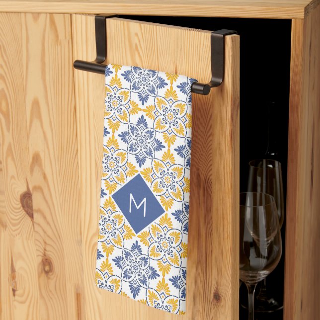 Custom Monogram Portugese Tiles Pattern Tea Towel (Thirds Fold)