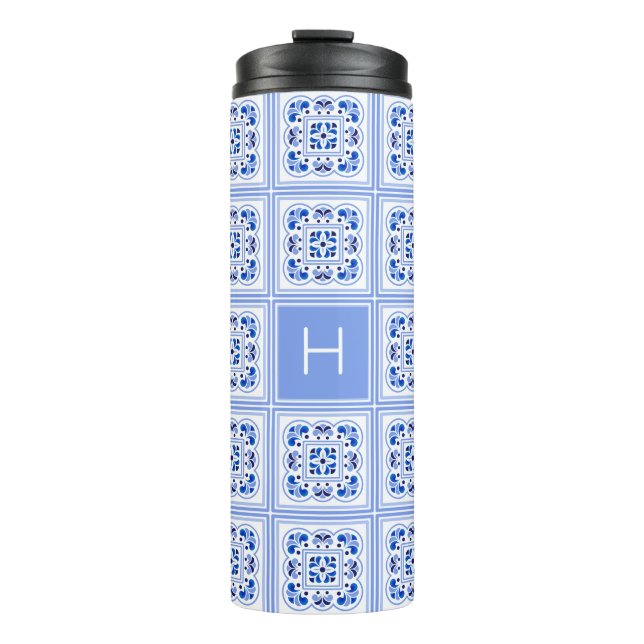 Custom Monogram Portugese Tiles Pattern Thermal Tumbler (Front)