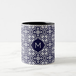 Custom Monogram Portugese Tiles Pattern Two-Tone Coffee Mug