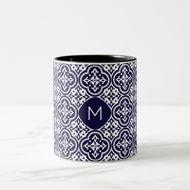 Custom Monogram Portugese Tiles Pattern Two-Tone Coffee Mug (Center)