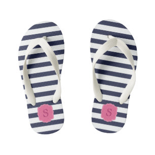 Custom Monogram Pretty Navy Blue Stripes Kid's Thongs