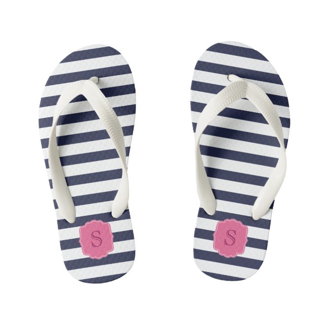 Custom Monogram Pretty Navy Blue Stripes Kid's Thongs (Footbed)