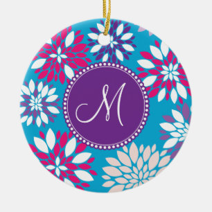 Custom Monogram Purple Pink White Flower on Blue Ceramic Ornament