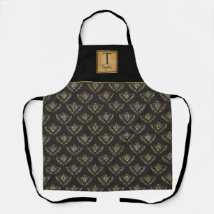 Custom Monogram, Queen Bee, Black and Gold Apron